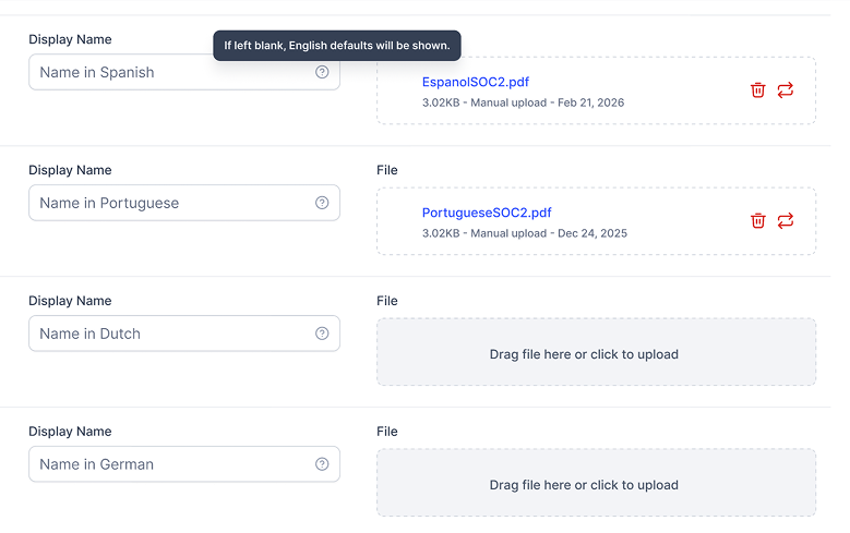 Localized document publishing UI with per-language display name fields and file upload slots for Spanish, Portuguese, Dutch, and German.