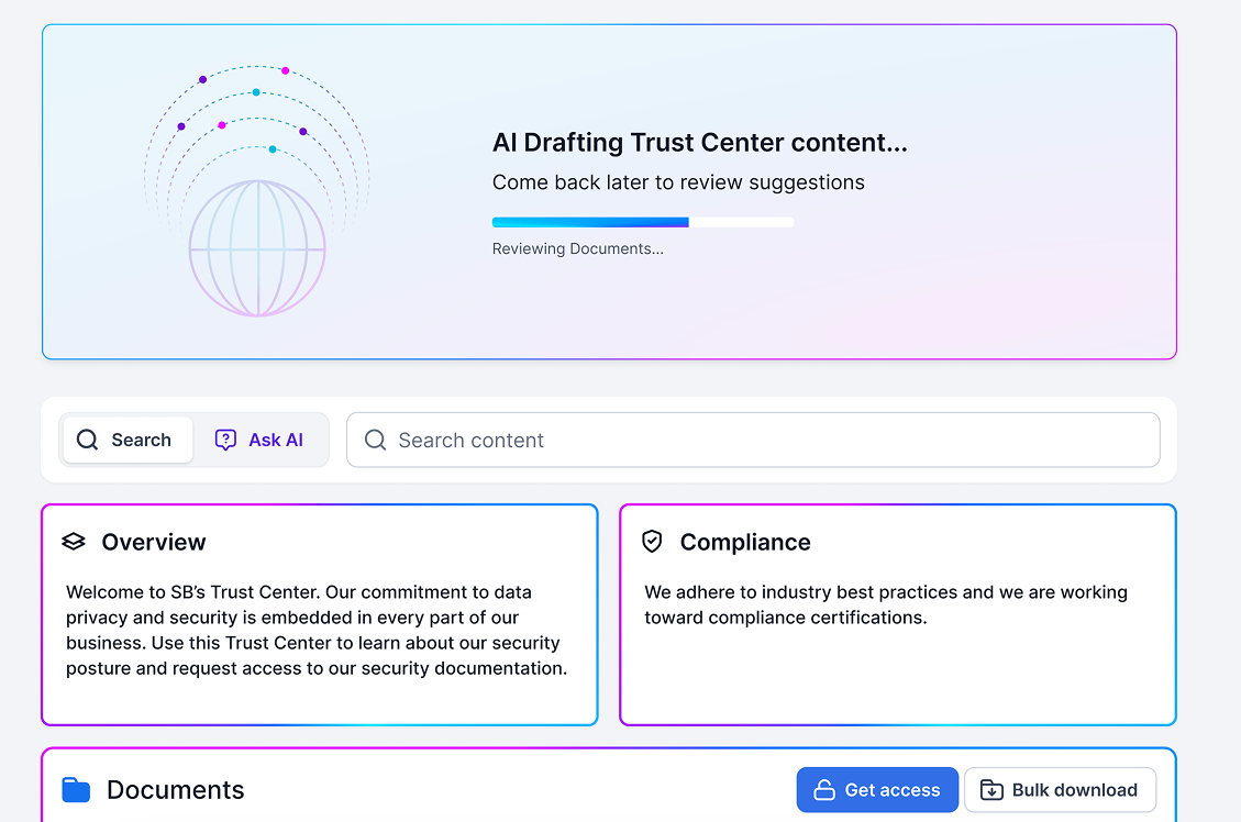 SafeBase Trust Center with an AI drafting banner generating Overview and Compliance content automatically.