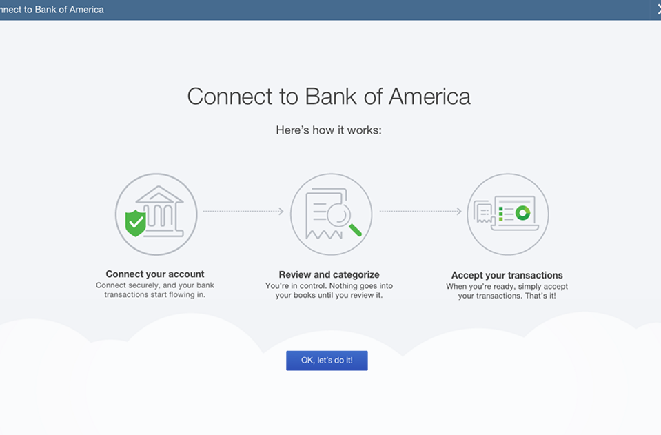 QuickBooks plugin onboarding flow for connecting a Bank of America account in three steps.
