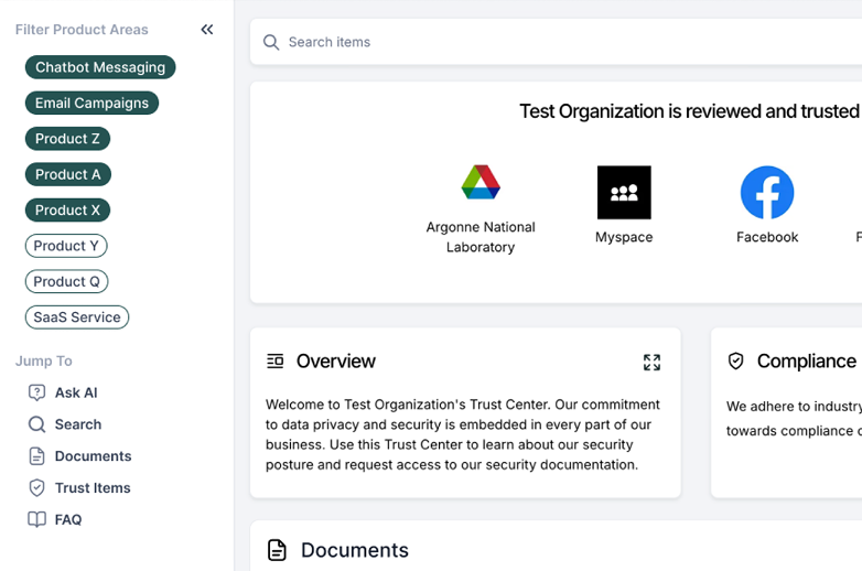 Trust Center with a Filter Product Areas sidebar showing toggled product chips alongside Trust Center content.