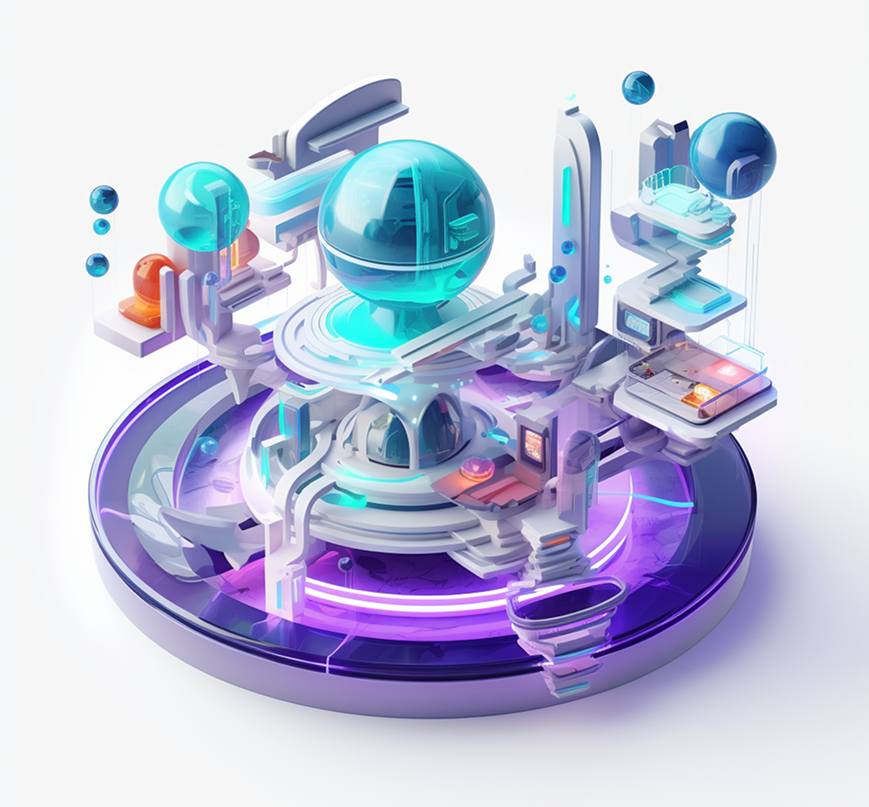Abstract 3D illustration of a futuristic, shiny, space-age complex system.