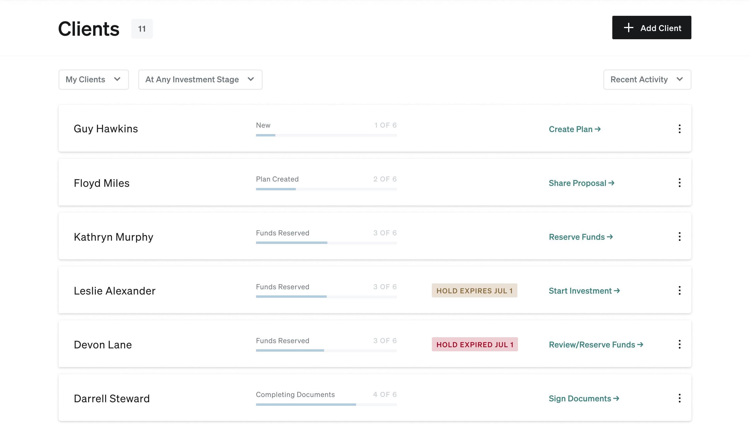 Client list view with dynamic status indicators and recommended next steps for each advisor-client relationship.