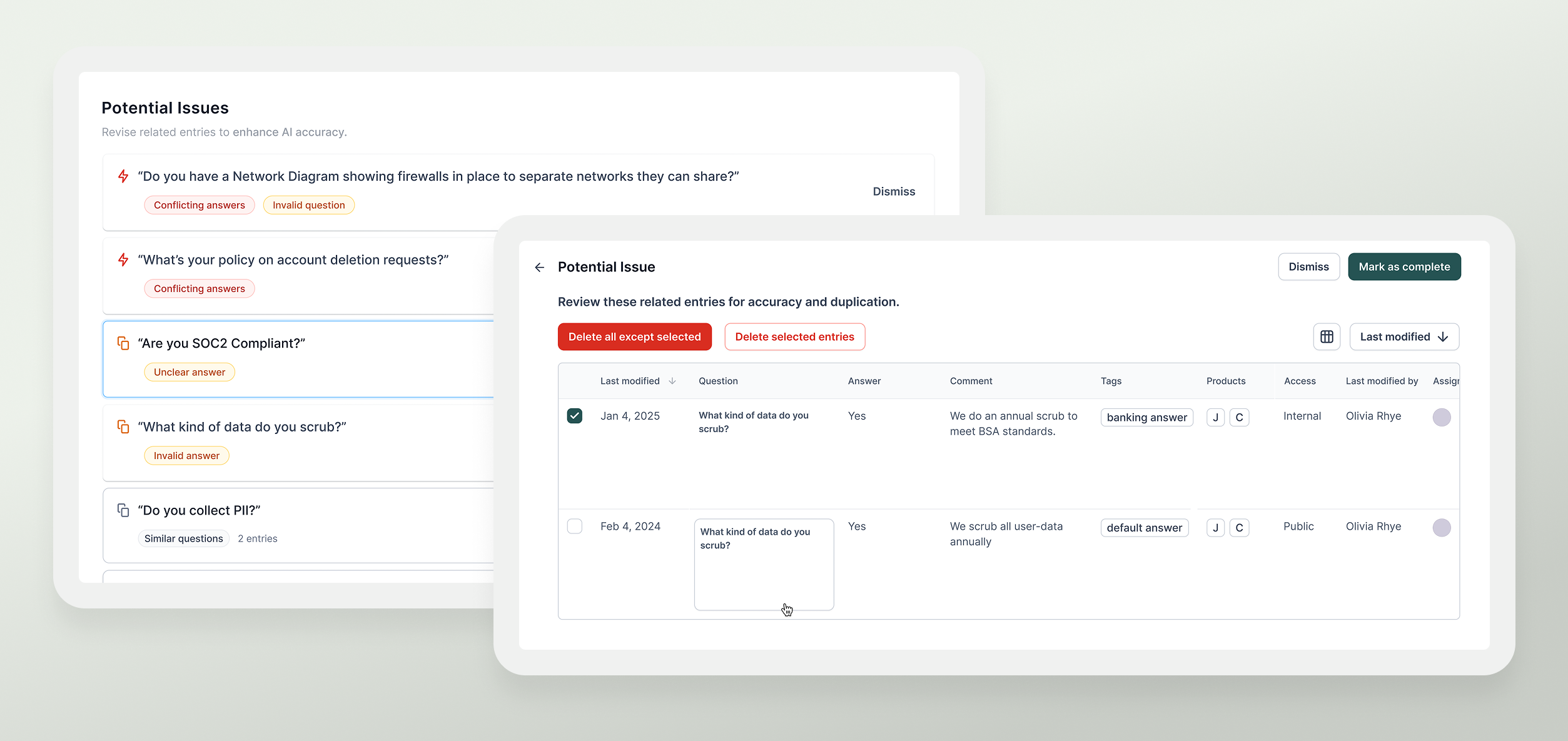 New card component in the design system displaying grouped similar Q&A entries ordered by severity.