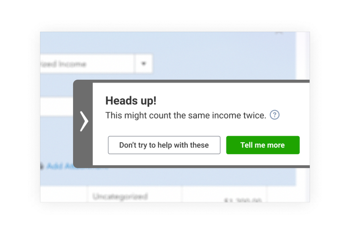 Banking feed showing a friendly Heads Up alert inserted to slow users when they are about to duplicate a record.