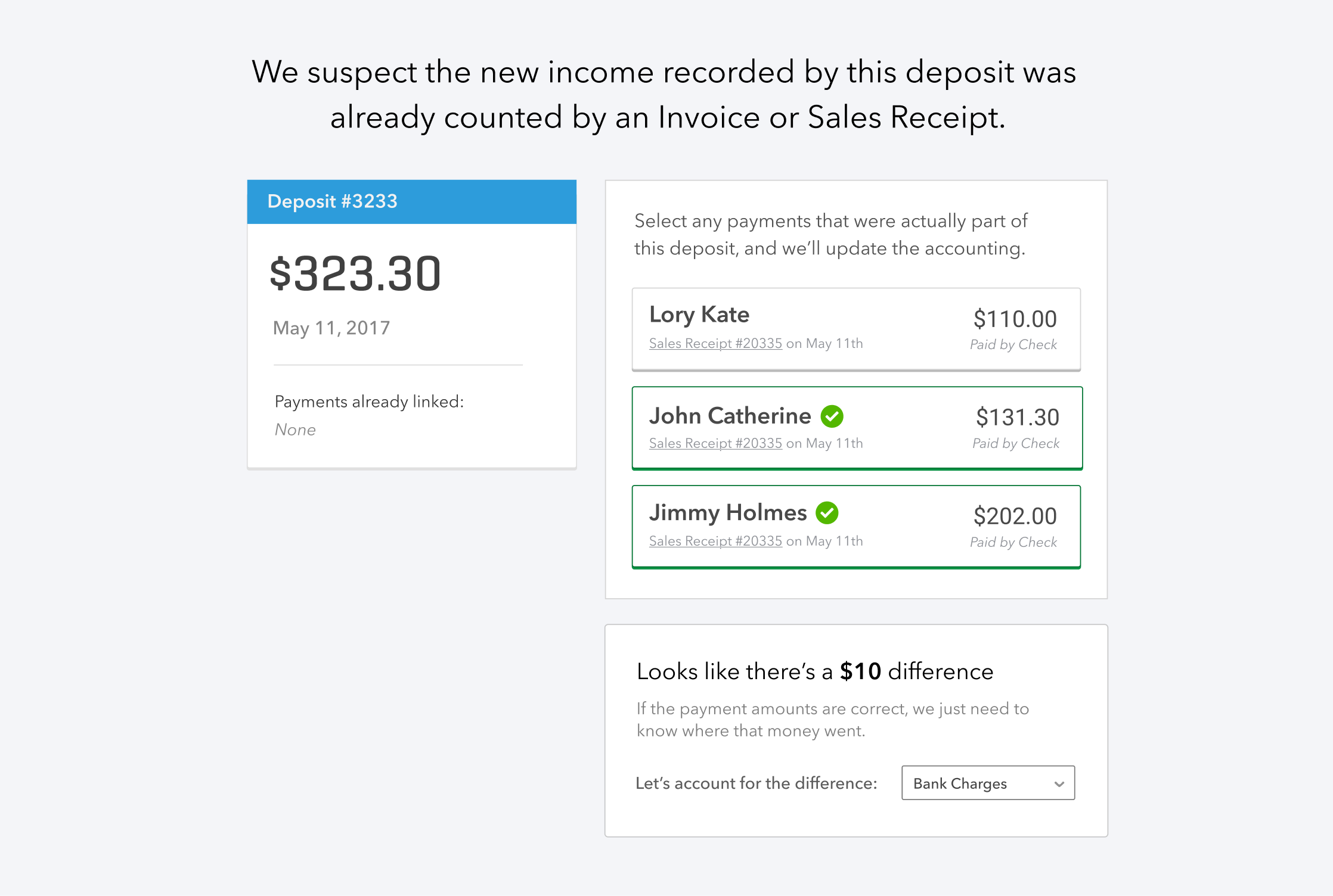 QuickBooks data connections interface showing banking feed, duplicate alerts, and SmartCheck reconciliation tool.