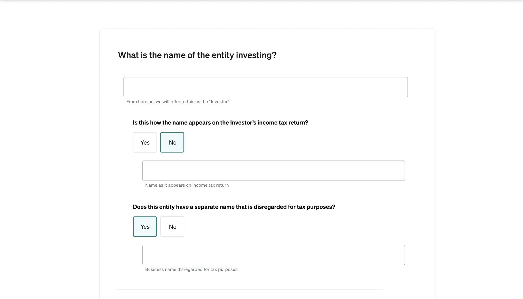 Form screen asking for the entity name with conditional follow-up fields revealed inline based on Yes and No answers about tax return names and business name distinctions.