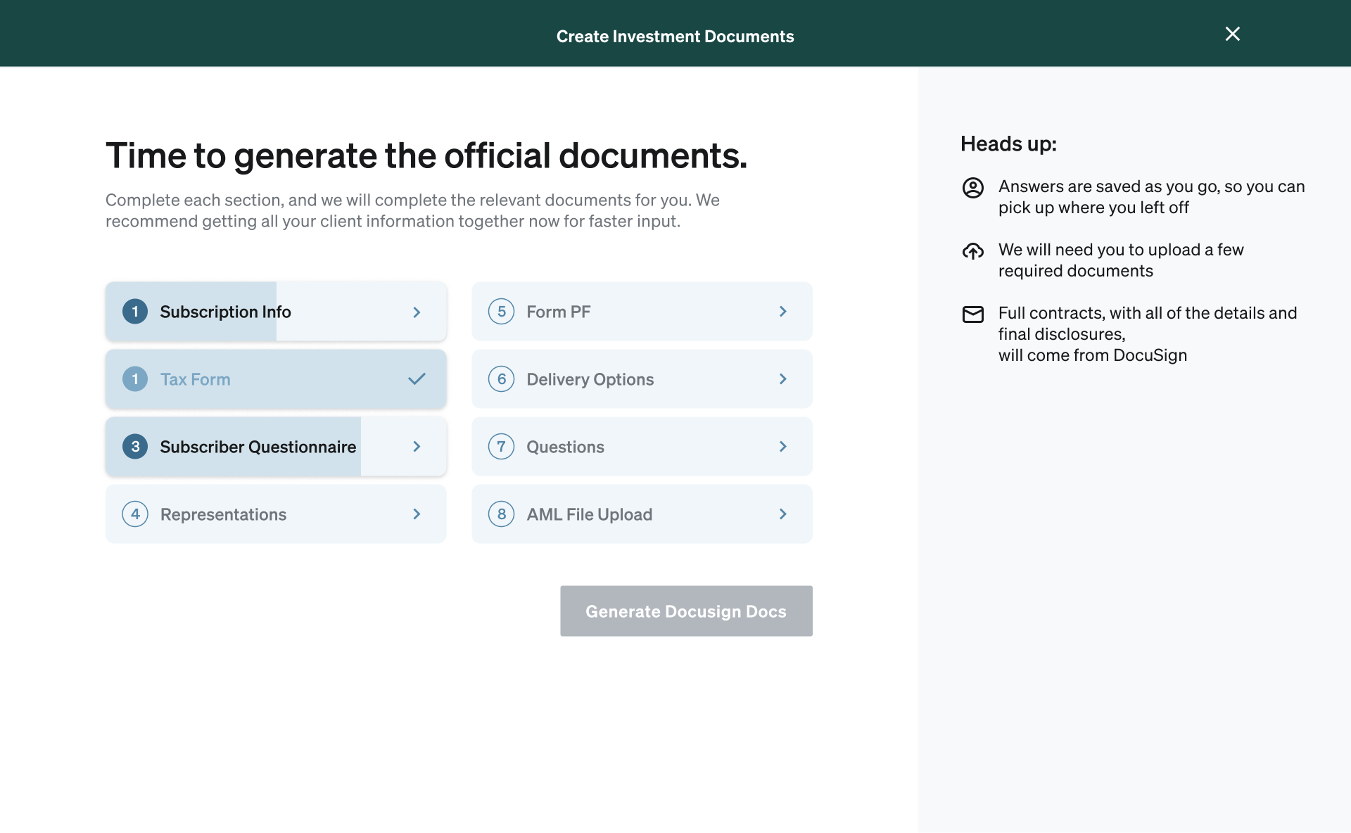 Subscription document overview screen showing eight labeled sections with status indicators, a Generate DocuSign Docs button, and a heads-up panel with guidance.