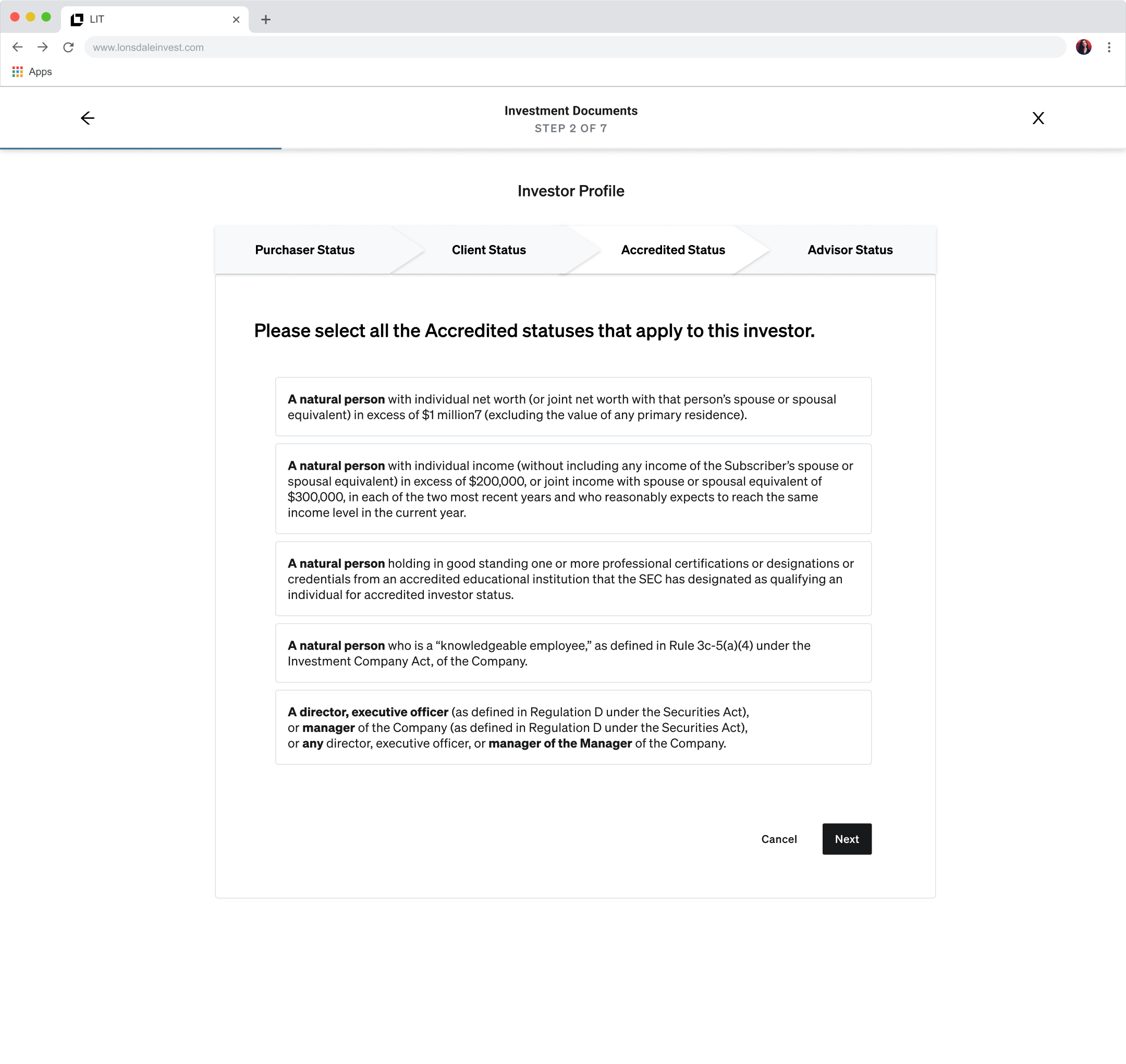 Investment Documents step showing Investor Profile with four sub-tabs for Purchaser Status, Client Status, Accredited Status, and Advisor Status, each presenting accreditation options as clear selectable cards.